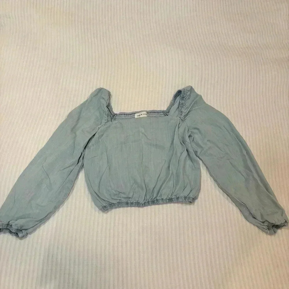 Anthropologie Cloth and Stone Smocked Square Neck Blue Chambray Top Size Medium